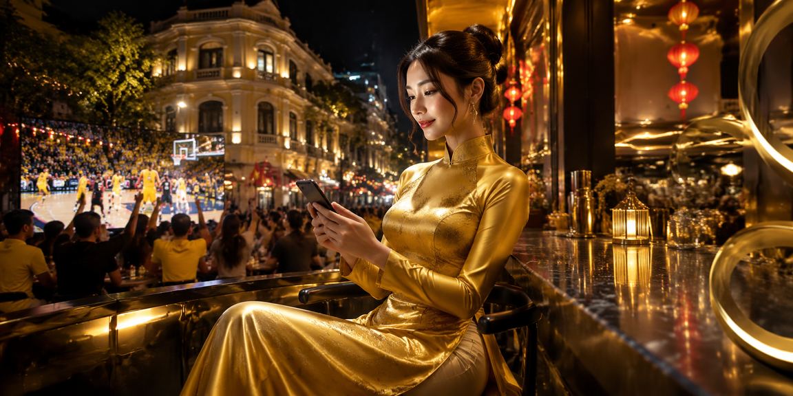 Người phụ nữ mặc áo dài truyền thống tại Hà Nội theo dõi kết quả cược bóng rổ trên màn hình